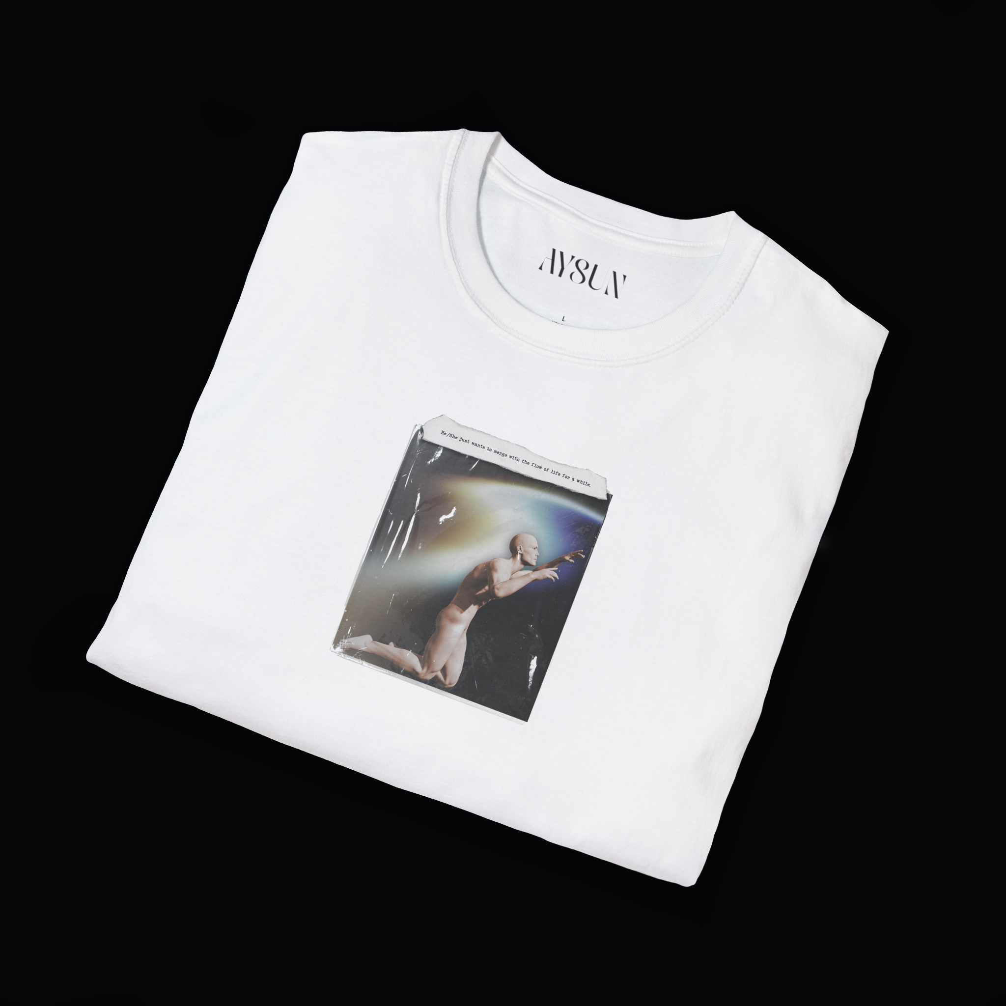 Man wearing a black t-shirt with a graphic design on a gray background